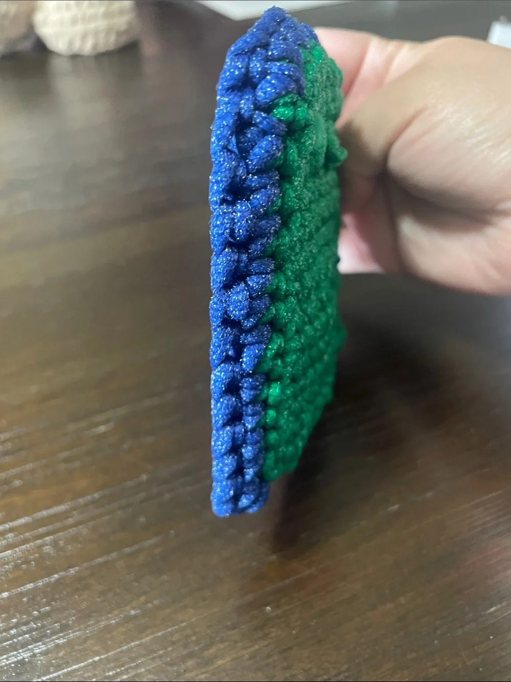 Handmade Crocheted Square Dish scrubber in Green and Blue.